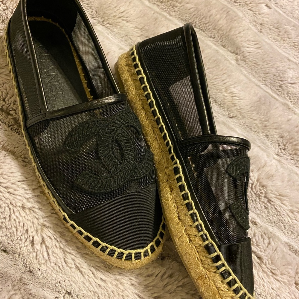 Chanel Black Mesh Grosgrain Espadrilles size 35